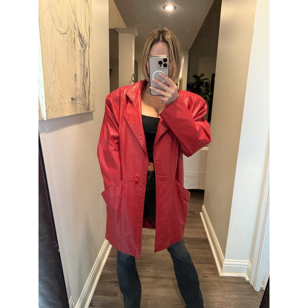 Vintage 80s LNR Red Genuine Leather Jacket Women's M Long Blazer Shoulder Pads